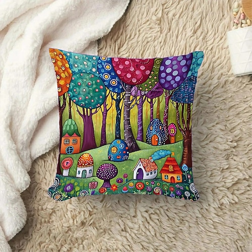 Bunte Landschaft, doppelseitiger Kissenbezug, 1 Stück, dekorativer quadratischer Kissenbezug für Schlafzimmer, Wohnzimmer, Innenkissen für Sofa, Couch, Bett, Stuhl Image