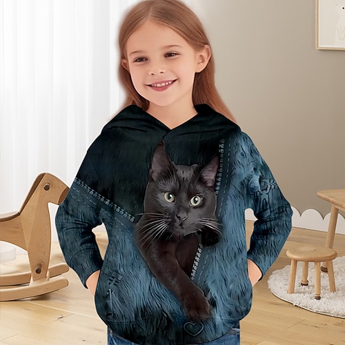 Mädchen 3D Katze Kapuzensweatshirt Pullover Langarm 3D-Druck Frühling Herbst Aktiv Mode Niedlich Kinder 3-12 Jahre Mit Kapuze Outdoor Lässig Täglich Normale Passform Image