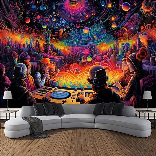 Schwarzlicht-Wandteppich, UV-reaktiv, leuchtet im Dunkeln, Party, Neon, Trippy, Misty Bar, Konzert, Wandteppich, Wandbild für Wohnzimmer, Schlafzimmer Image