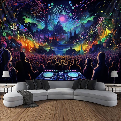 Schwarzlicht-Wandteppich, UV-reaktiv, leuchtet im Dunkeln, Party, Neon, Trippy, Misty Bar, Konzert, Wandteppich, Wandbild für Wohnzimmer, Schlafzimmer Image