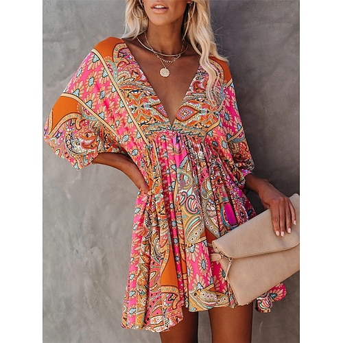 Damen Minikleid Paisley-Kleid Casual kleid Boho Chic Kleider Boho-Kleid Böhmen Ethnisch A-Linie Urlaub Strasse Festtage Lockere Passform Blumen Paisley-Muster 3/4 Ärmel V Ausschnitt Fuchsie Sommer Image