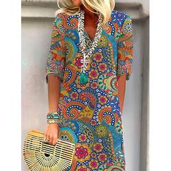 Damen Mini Kleid Petite Kleid T-Shirt Kleid Tee Kleid Shift Kleid Sommer Kleid Bohemia Vintage Boho Urlaub Lässig Täglich Regulär Fit Ölgemälde Halblang Ärmel V-Ausschnitt Königsblau Blau