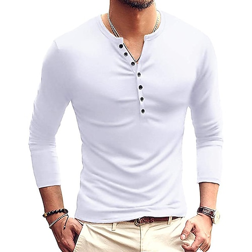 Herren T-Shirt mit Knöpfen T Shirt Langarmshirt Langarm Stehkragen Frühling Herbst Einfach Leicht Klassisch Lässig Button-Down Urlaub Lässig Ferien Wein Schwarz Weiß Top T-Shirt für Herren Image