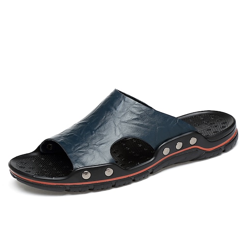 Schwarze Slipper-Sandalen aus Leder für Herren – lässige Strand-Slipper mit offener Spitze, Nietendesign und bequemer Sohle Image