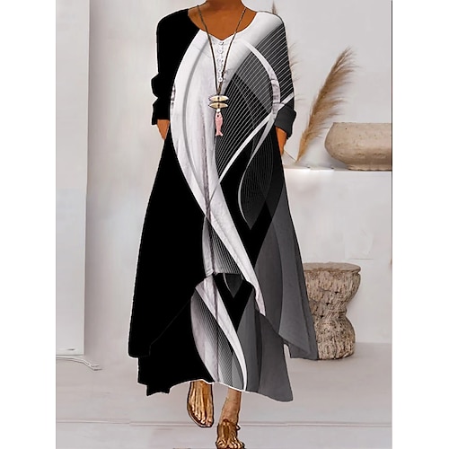 Damen Maxikleid Freizeitkleid Schwingkleid Druckkleid Mode Modern Urlaub Täglich Wochenende Lässiger Schnitt Pfau Feder Dreiviertelarm Rundhalsausschnitt Silber Schwarz Weiß Gelb Frühling Herbst Image