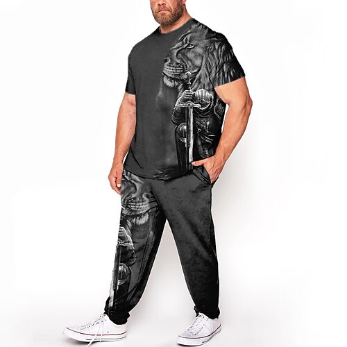 Herren Tiermotiv Löwe 3D-Druck 2St T-Shirts-Sets Passende Sets Kurzarm Lange Hosen Rundhalsausschnitt Mode Streetwear Lässig Outdoor Täglich Sport 3D-Druck Frühling Sommer Marineblau Grün Dunkelgray Image
