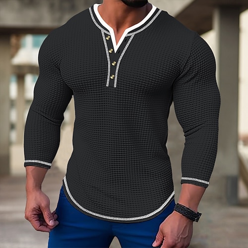 Herren T Shirt Waffel-Henley-Hemd Henley Shirt T-Shirt langarmshirt Farbblock Henley Strasse Urlaub Langarm Patchwork Bekleidung Modisch Designer Basic Image