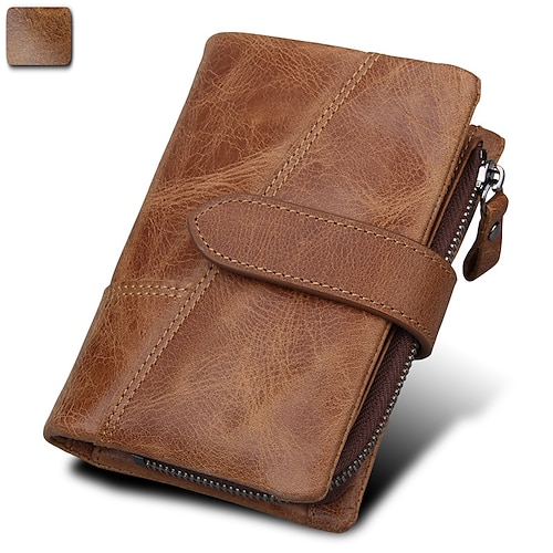 Echtes Rindsleder Kurzgeldbörse mit Splicing Geldbörse Münzfach Kartenhalter abnehmbares Reißverschlussfach Clutch Handtasche Öl-Wachs-Leder Notizbuch