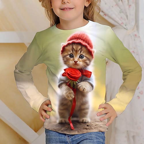 Mädchen 3D Graphic Karikatur Katze T-Shirt Langarm 3D-Druck Sommer Herbst Aktiv Modisch Kuschelig kinderkleidung 3-12 Jahre Outdoor Casual Täglich Regular Fit Image