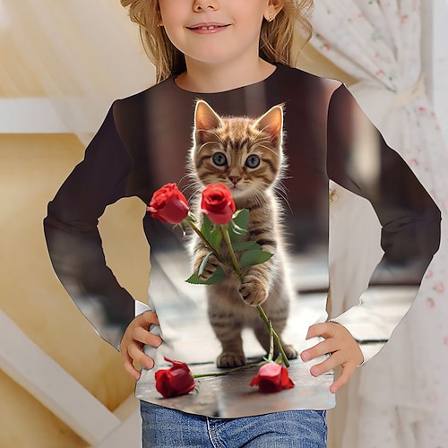 Mädchen 3D Graphic Karikatur Katze T-Shirt Langarm 3D-Druck Sommer Herbst Aktiv Modisch Kuschelig kinderkleidung 3-12 Jahre Outdoor Casual Täglich Regular Fit Image