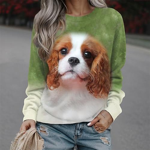 Damen Sweatshirt Pullover Hund Casual Sport Print Sportbekleidung Lustiges Rundhals Langarmshirt Mikroelastisch Herbstamp;Winterkomfort, atmungsaktives, weiches Gewebe