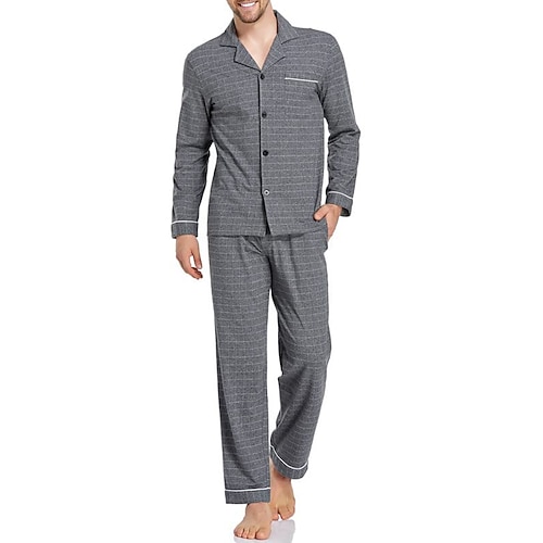 Herren Hausanzug Schlafanzüge Schlafanzug Set Pyjama-Oberteil und Hose 2 Stück Plaid Stilvoll Brautkleider schlicht Komfort Heim Täglich Baumwolle Polyester Komfort Kargen Langarm Hemd Hose Kordelzug Image
