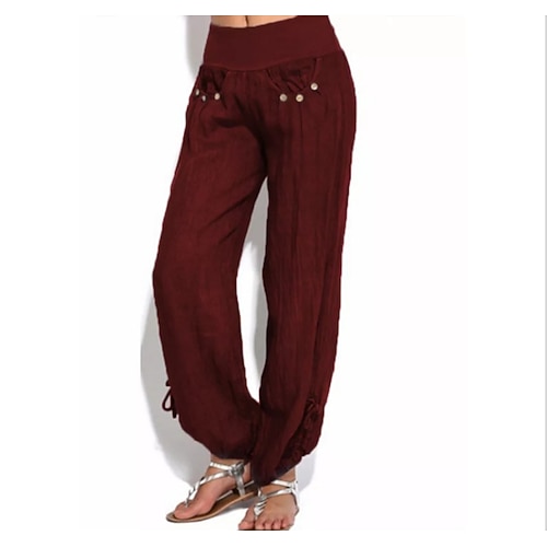 Damen Hose aus Baumwollleinen Lange Unterhosen Baggy-Hosen Urlaub solide Lounge Mittlere Taille Baggy Mehrere Taschen Seitenknopf Täglich Urlaub Wochenende Schwarz Weiß Weinrot Marineblau Sommer Image