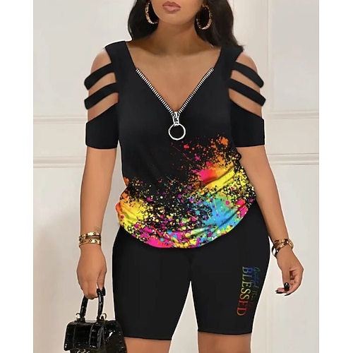 Damen Hemd Shorts-Sets Sweat-Shorts Kurzarm V Ausschnitt Grafik Reißverschluss Ausschnitt Mode Alltagstauglich Blau Schwarz Weiß Sommer Normale Passform Image