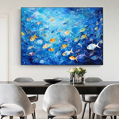 handgemaltes abstraktes Ölgemälde mit schwimmenden Fischen auf Leinwand, extra großes handgemachtes Wandkunstgemälde, blaues Ozeankunstgemälde, individuelles Gemälde, minimalistisches Kunstwerk für Image