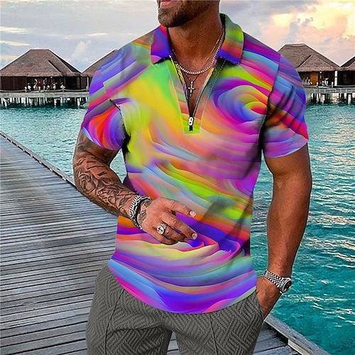Herren Grafik Hawaiianische Polohemden Golfshirt Kurzarm Polo-Shirts Hemden mit Kragen Lässig Strandbekleidung Urlaubskleidung Party-Outfits 3D-Druck Viertelreißverschluss-Poloshirt Blau Purpur Grün Image