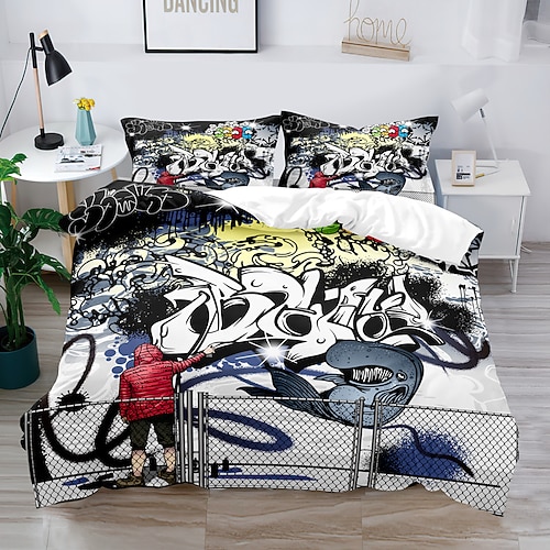 3D-Street-Art-Graffiti-Serie-Druck, Bettbezug, Bettwäsche-Sets, Bettdeckenbezug mit 1 bedruckter Bettbezug oder Bettdecke, 2 Kissenbezüge für Doppelbett/Queen/King Image