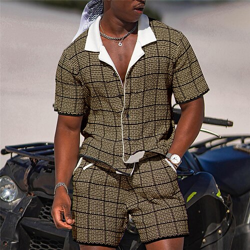Herren Karomuster Geometrisches Muster 2St Hemden-Sets Sommer Hawaiihemd Kurzarm Kurze Hosen Kubanisches Halsband Mode Streetwear Designer Outdoor Täglich Ausgehen Druck Sommer Frühling Marineblau Image