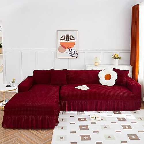 Stretch-Sofabezug, Schonbezug, Jacquard, elastisch, Sofagarnitur, Sessel, Zweisitzer, 4- oder 4- oder 3-Sitzer, Burgunderrot, L-Form, Weiß, Grau, Schwarz, einfarbig, weich, strapazierfähig, waschbar Image