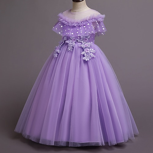 kinderkleidung Mädchen Blumenmädchen Kleid Kleid Party Kleid Feste Farbe Kurzarm Formal Leistung Hochzeit Spitze Gitter Modisch bezaubernd Prinzessin Baumwolle Polyester Maxi Spitzenkleid Image