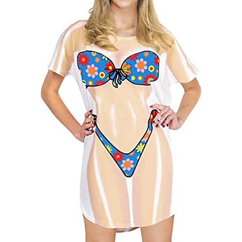 Damen-Bikinihemd-Vertuschungskleid lustiger süßer Bikinidruck für Badebekleidung Kurzarm 3D-Grafik Baggy-Badebekleidungsvertuschung Image
