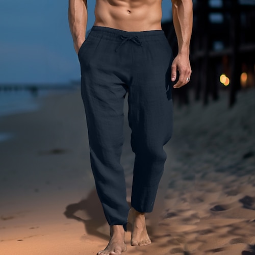 Herren Leinenhosen Hose Sommerhose Strandhose Kordelzug Tasche Elastischer Bund Einfach Komfort Weich Täglich Wochenende Streetwear Lässig Schwarz Weiß Mikroelastisch Image