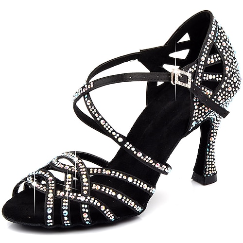 Damen Schuhe für den lateinamerikanischen Tanz Salsa Schuhe Tanzschuhe Leistung Innen Glitzer Kristall Pailletten Juwelen Absätze Peep Toe Schnalle Kreuzgurt Erwachsene Mandelfarben Schwarz Rot