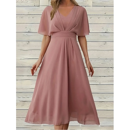 Damen Midikleid Freizeitkleid Cocktailkleid Kleid für Hochzeitsgäste Chiffonkleid Elegant Streetwear A-Linie Urlaub Arbeit Straße Normale Passform Kurzarm V Ausschnitt Rosa Sommer Image