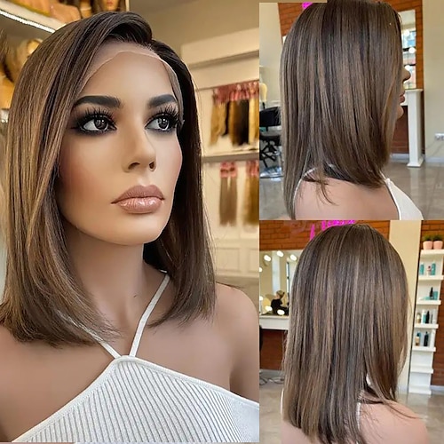 Remy Menschenhaar 13x4 Spitzenfront Perücke Bob Bubikopf Brasilianisches Haar Glatt Mehrfarbig Perücke 130% 150% Haardichte Gefärbte Haarspitzen (Ombré Hair) Strähnchen / Balayage-Technik Vorgerupft Image