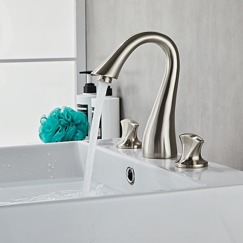 weit verbreitete Waschbecken-Mischbatterie, 3-Loch-2-Griff-Messingventil-Deckmontage-Waschtischarmaturen mit heißem und kaltem Schlauch, Wasserhahn für Gefäße Image