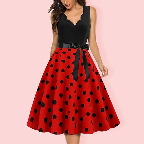 Polka Dots 1950er Jahre Grease Outfits Cocktailkleid Knielanges Kleid Rockabilly Schwingkleid Polka Dot V-Ausschnitt Schickes Kleid Damen Weihnachten Halloween Karneval Abend Party Erwachsenen Kleid Image