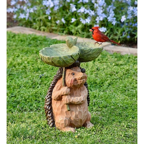 Vogeltränken für draußen, Polyresin-Vogeltränke in Tierform mit braunem Sockel, handgefertigte Wildvogel-Futterstation und Vogeltränkeschale, Gartenstatue und Figur für den Außenbereich, Garten, Rasendekoration Image
