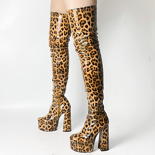 Sexy blaue Plateaustiefel mit Leopardenmuster und klobigem Absatz für Damen – auffälliges Schuhwerk für Partys, Events und Abende Image