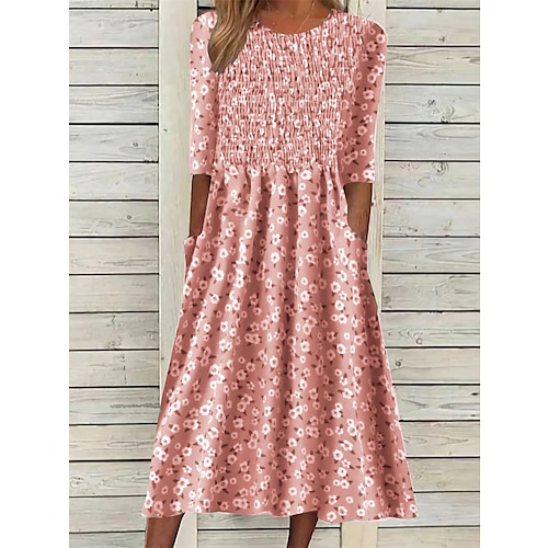 Damen Midi Kleid Floral Ditsy Raffung Tasche Rundhals Alltag Urlaub Halbarm Sommer Frühling Image