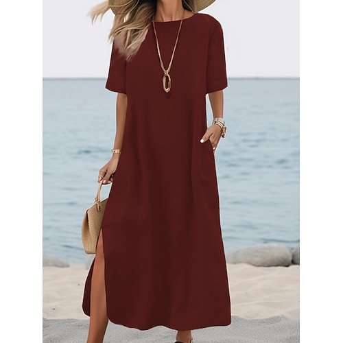 Damen Maxikleid 100% Baumwolle Sommerkleid Kaftan Kleid Weißes Kleid Basic Lässig Täglich Outdoor Lässiger Schnitt Einfach Halbarm Rundhalsausschnitt Armeegrün Schwarz Weiß Wein Sommer Frühling Herbst Image