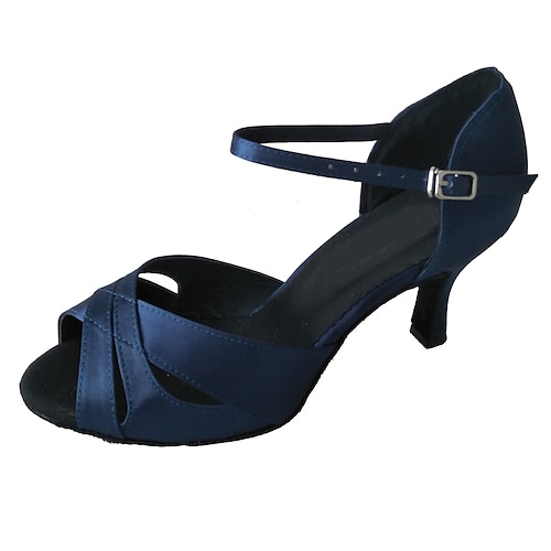 Marineblaue Latein-Tanzschuhe aus Satin für Damen – offene Ballsaal-Sandalen mit mittlerem Absatz und Knöchelriemen für Training und Auftritt Image