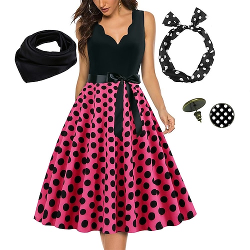 Damen A-Linien Rockabilly Kleid Polka-Dots Swing-Kleid Flair-Kleid mit Zubehörset 1950er Jahre Grease-Outfits 60er Retro Vintage mit Haarband Schal Ohrringe für Vintage Swing Party Kleid Image