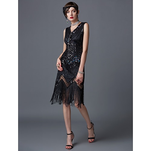 Goldene Zwanziger 1920er Cocktailkleid Knielang Flapper Kleid Kleid Halloween Kostüme Ärmellos Der große Gatsby Charleston Hochzeitsgast Pailletten Patchwork V Ausschnitt Kostüm Damen Hochzeit Party Image