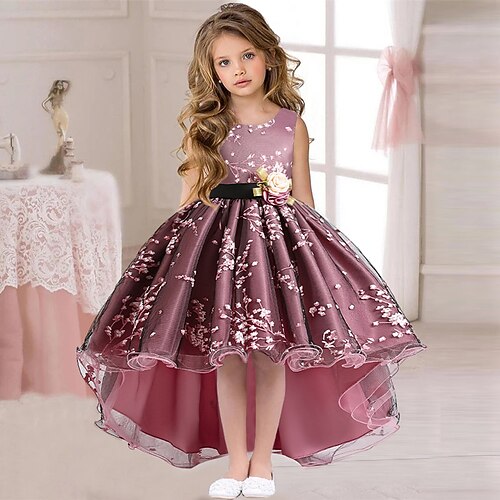 kinderkleidung Mädchen Kleid Blumen Einfarbig Ärmellos Hochzeit Party Rüschen Gitter Kuschelig Prinzessin Polyester Asymmetrisch Kleid mit Blumenstickerei A Linie Kleid Tüll-Kleid Sommer Frühling Image
