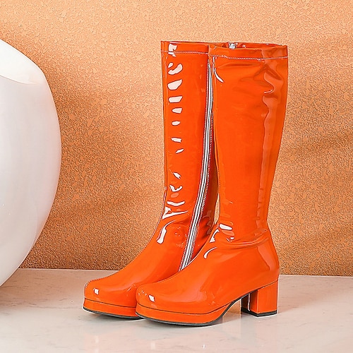 kniehohe Plateaustiefel aus weißem Lackleder mit seitlichem Reißverschluss - Vintage-Stiefel im 70er-Diskostil mit klobigem Absatz für Cosplay, Retromode und Events Image