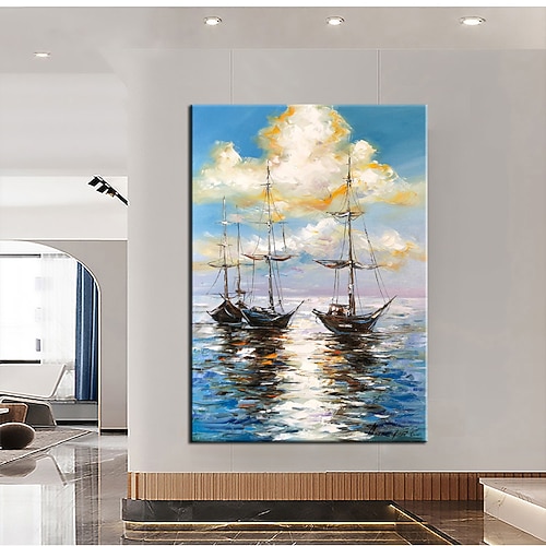 handgemaltes großes Segelschiff-Ölgemälde, Wandkunst, Gemälde, gerahmte Segelboot-Gemälde auf Leinwand, Wandkunst, Meer-Segelboot-Leinwandkunst, großes Leinwand-Set, Malerei, Heimdekoration Image