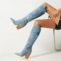 Damen Stiefel Cowboy Westernstiefel Übergrössen Stiefel mit Absatz Party Feste Farbe Kniehohe Stiefel Winter Blockabsatz Spitze Zehe Vintage Modisch Böhmen Denim Jeans Halbschuhe Blau