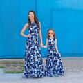 Mama und ich Kleider Graphic Blumen Täglich Bedruckt Blau Ärmellos Maxi Mama und ich Outfits Kuschelig Passende Outfits
