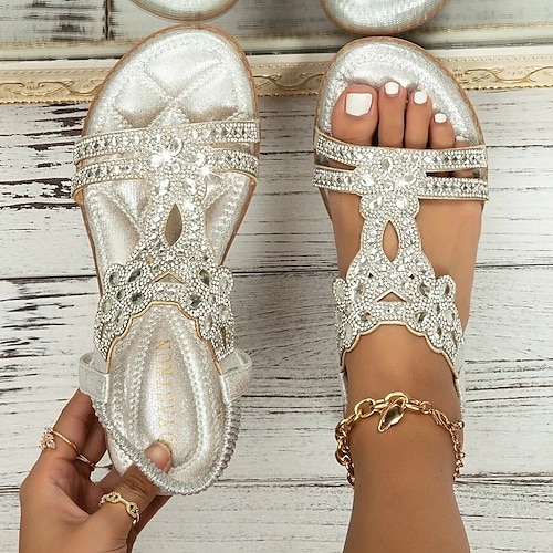 Mit Strasssteinen verzierte silberne Sandalen für Damen – elegante Sommer-Ballerinas für Strand, Hochzeiten und die Freizeit Image