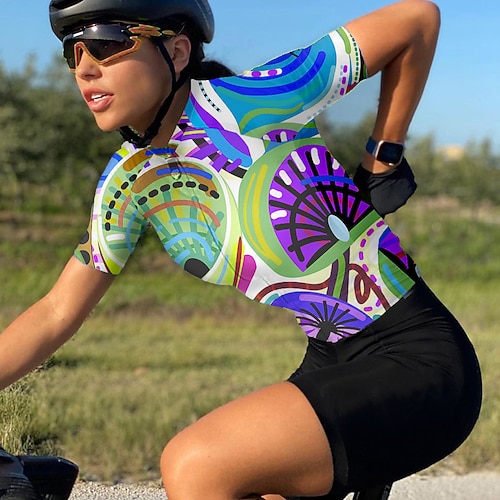 Damen Radtrikot Grafik Kurzarm Fahhrad Trikot Oberteil mit 3 Gesäßtaschen Mountainbike MTB Straßenradsport Schnelltrocknend Reflektierende Streifen Rückentasche Feuchtigkeitsableitend Sport Gelb Rot Image