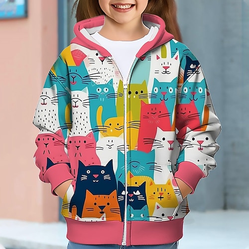 Mädchen 3D Katze Kapuzenshirt Mantel Oberbekleidung Langarm 3D-Druck Herbst Winter Aktiv Modisch Kuschelig kinderkleidung 3-12 Jahre Outdoor Casual Täglich Regular Fit Image
