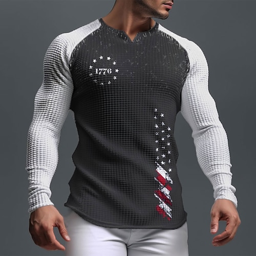 US Amerika 250 Jahre Jubiläum Veterans Day Herren Patriot Patriotisch Veteran Grafik 1776 Nationale Flagge Waffel Shirt T-Shirt Raglan T-Shirt Langarm T-Shirt 3D Druck V-Ausschnitt Shirt Sport Alltag Image