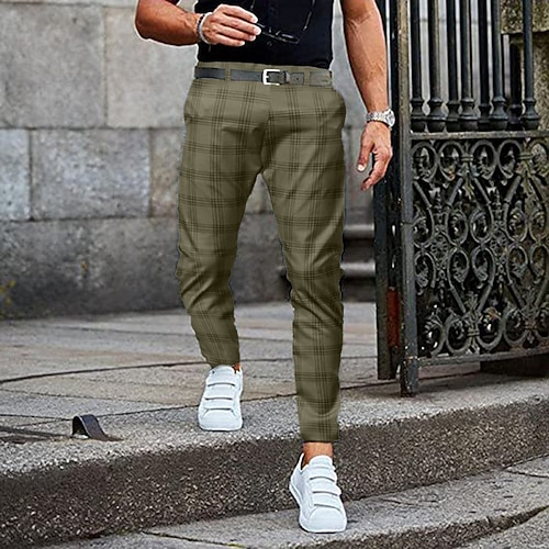 Herren Hose Hosen Chinesisch Chino Jogginghosen Karierte Anzughose Tasche Gitter Atmungsaktiv Weich Geschäft Casual Täglich Modisch Strassenmode Schwarz Hellgrün Image