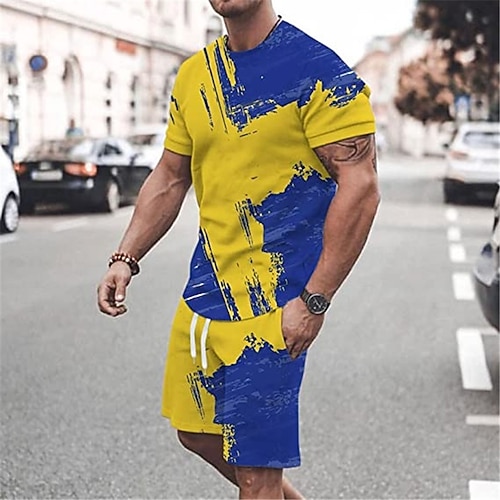 Herren Grafik Farbblock 2St T-Shirts-Sets Passende Sets Kurzarm Kurze Hosen Rundhalsausschnitt Designer Lässig Bequem Outdoor Urlaub Täglich 3D-Druck Frühling Sommer Schwarz Weiß Gelb Image