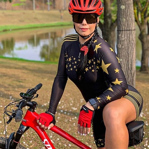Damen Radtrikot mit Radhose fahrradbekleidung set Triathlonanzug Langarm MTB Mountain Rennrad Winter Schwarz Orange Rot Patchwork Fahhrad Sportkleidung Atmungsaktiv Rasche Trocknung Tasche auf Image